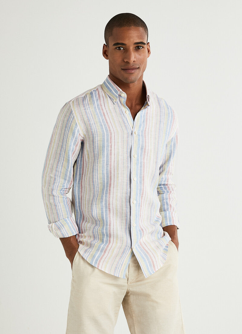 Multi pastel gestreept linnen slim fit hemd Hackett - HM309014/0AA